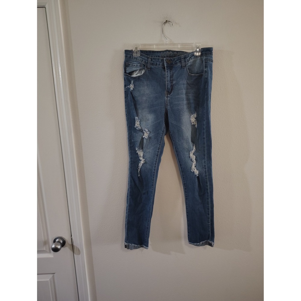 Gogo Jeans‎ Distressed Skinny Denim Medium Wash Frayed Hem Size 13 Distruction